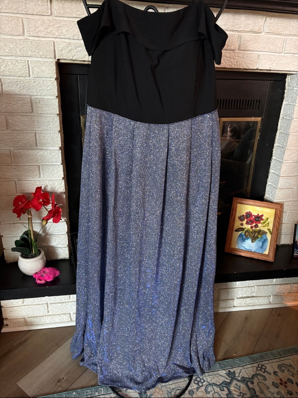Black and Sparkle Blue Off-Shoulder Evening Dress